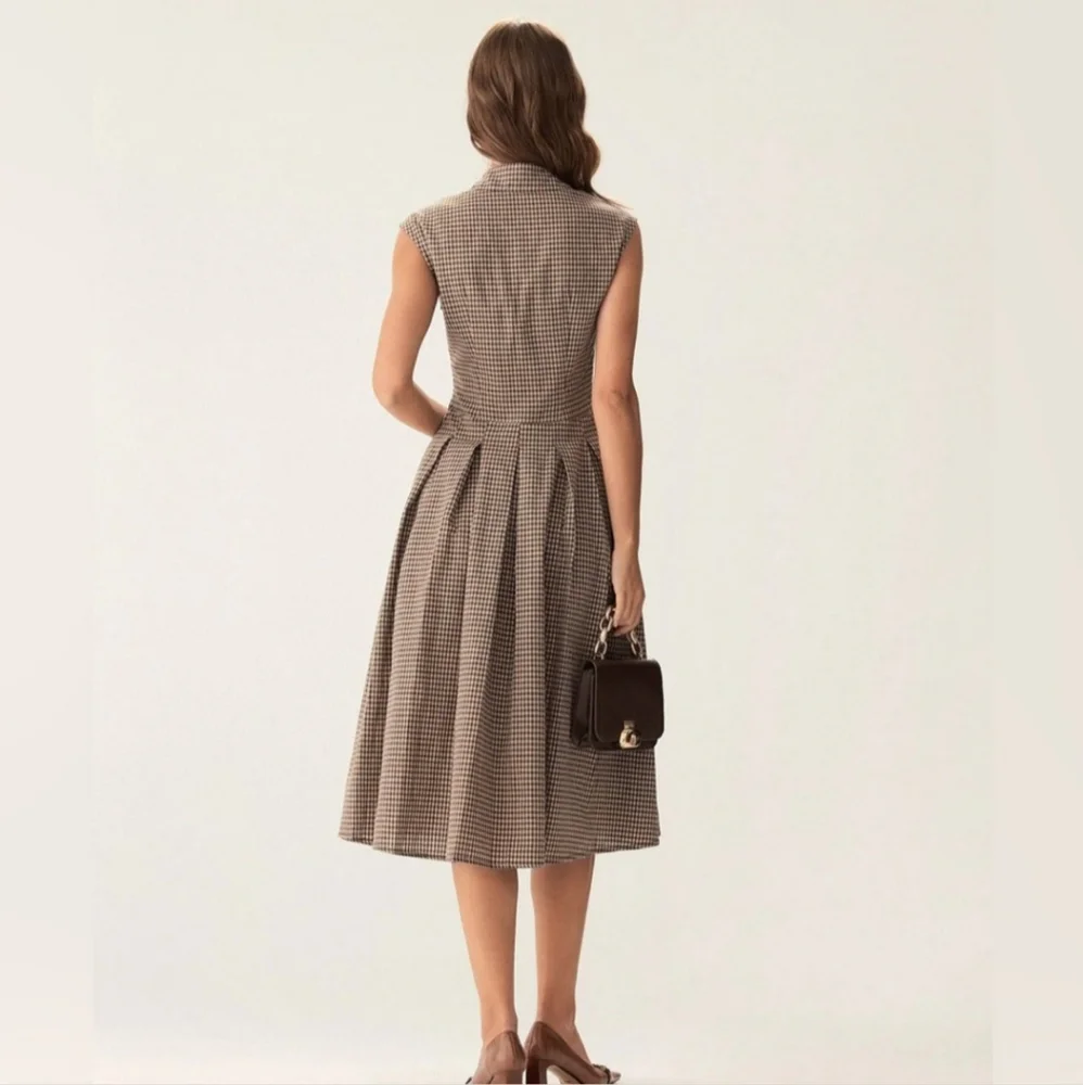 NWT Rihoas Brown Plaid Button Pleated Midi Dress - Picture 6 of 17